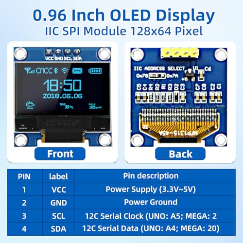Image of 5 Pcs 0.96 Inch OLED Display Module, 128x64 Pixel SSD1306 Luminous I2C OLED Display Board Compatible with Arduino Raspberry Pi ESP32(Blue)
