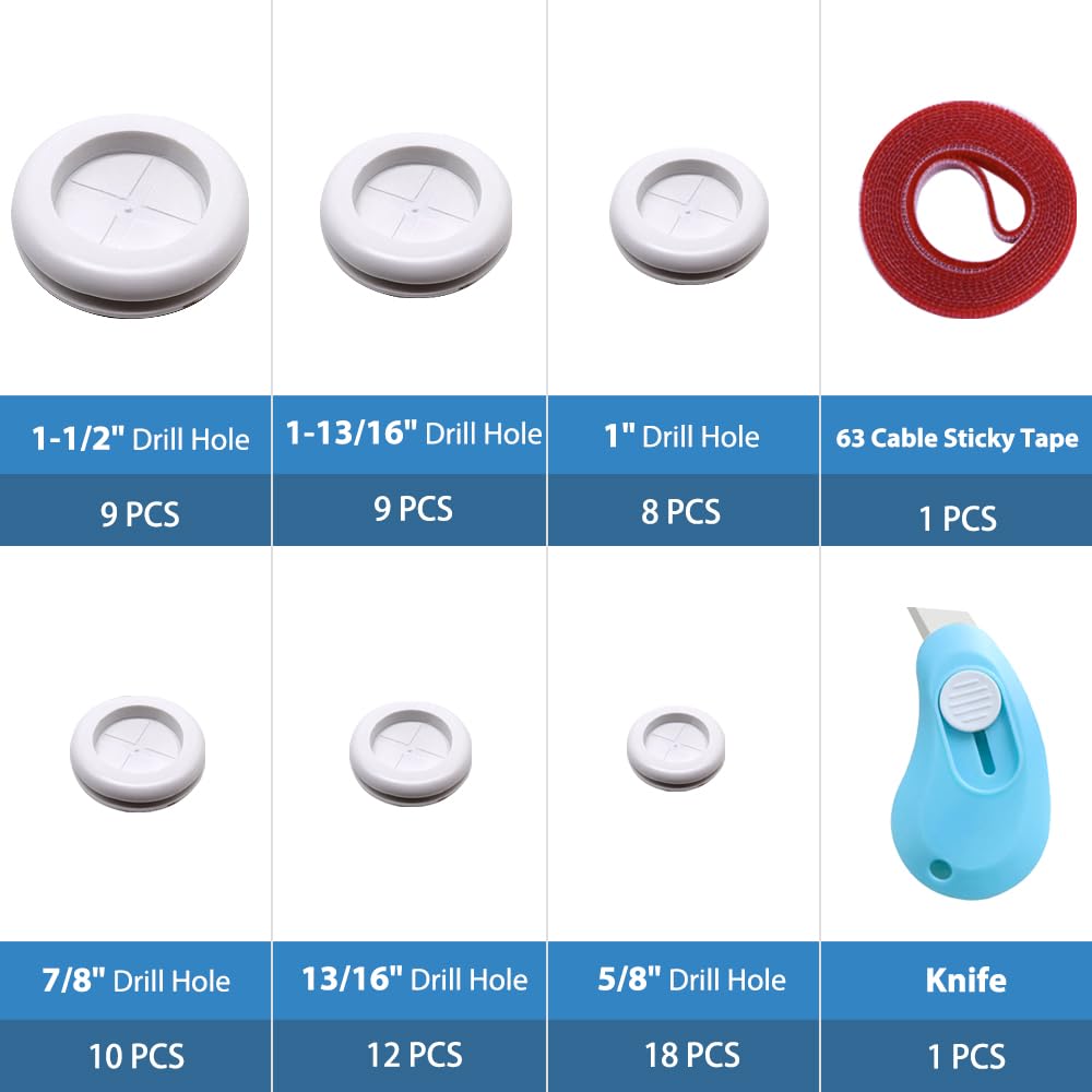 vrupin Kit Surtido de 66 Ojales de Goma, Tapones para Agujeros de cortafuegos, protección de Cables, 6 tamaños 1-13/16 1-1/2 1 7/8 5/8 3/16