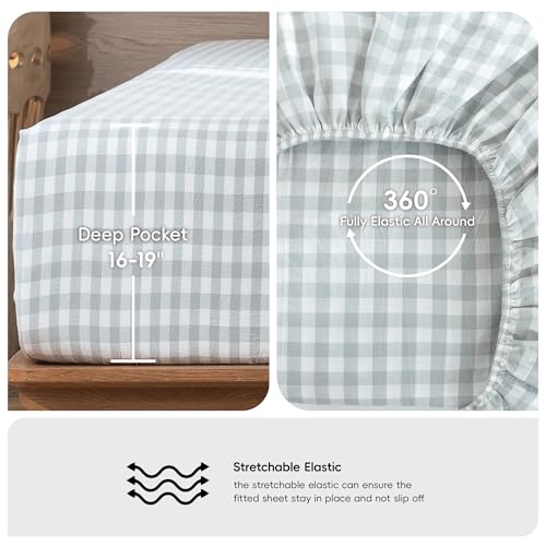 Image of MooMee Gingham Sheet Set 100% Washed Cotton Linen Like Textured Breathable Soft w /Fully Elasticized 16-19 inch Deep Pocket (Classic Gingham Northern Droplet Grey, Queen)