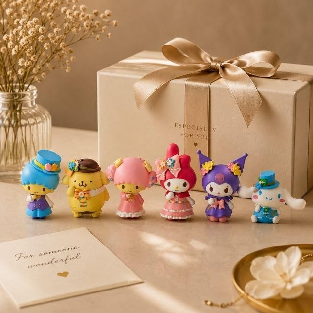 Image of Awestuffs Spring Flower Kuroomi Mini Figurine Set | Pastel Decorative Toy Collection | Desk Decor, Cake Topper & Gift for Kids & Collectors (Set of 6)