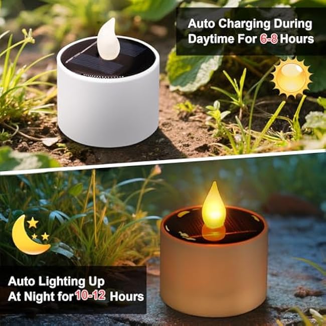Solar Tea Lights Outdoor - 10 Pack Waterproof Rechargeable Dusk to Dawn Outdoor Lighting Flameless Flicker Reusable LED Solar Candles for Lanterns Camping Garden Home Decorations, 2.3''x2.1''