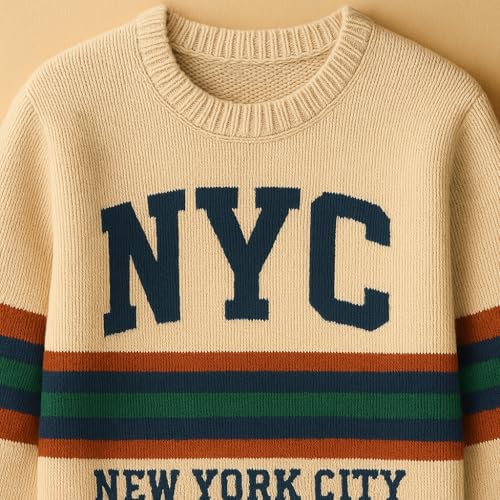 Unisex NYC Knit Sweater – Cream Pullover for Men and Women with Retro Stripes and New York City Lettering – Cozy Ribbed Crewneck Winter Jumper Small2