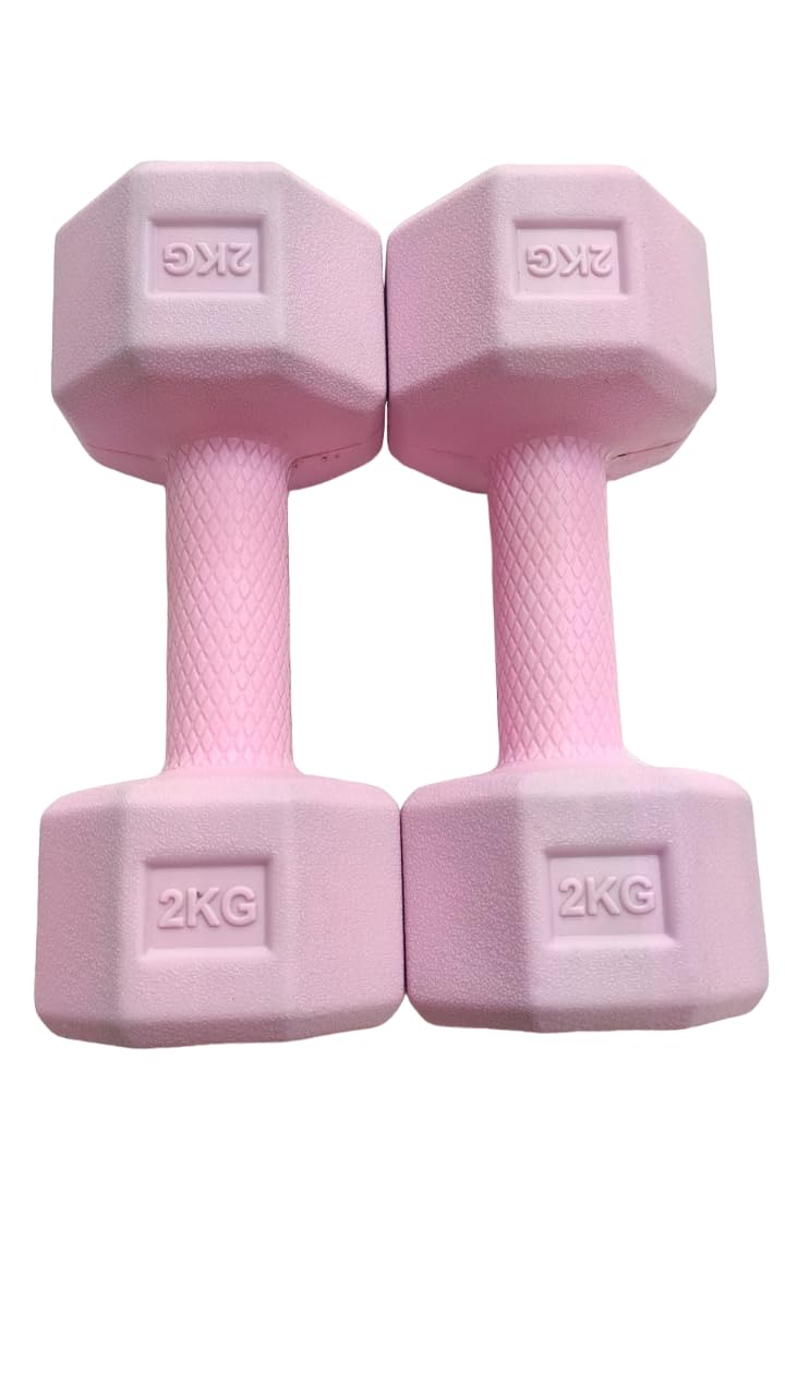SPIRO PVC (HEX Shape) Dumbbells (2 Kg. X 2 = 4 Kg) Pack of 2 for Home Gym Equipment |Gym Exercise|Home Workout | Fitness Kit|Dumbbells Weights for Whole Body Workout (Color : Baby Pink)