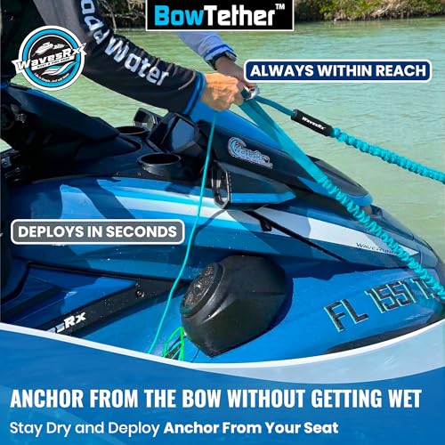 WAVESRX BowTether PWC Anchor and Dock Line - Shock Absorbing Elastic Bungee Rope Stretches 4 to 6 FT - Mooring Tether Pre Attached to Jet Ski Bow Eye for Quick Anchoring and Easy Docking