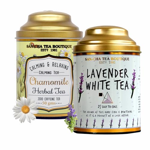 Image of Sancha Tea Boutique, Combo Pack: Chamomile Herbal Tisane (50g) & Lavender White (25 Pyramid Bags), Pure Silver Needle Leaves, Calming & Relaxing Floral Infusions
