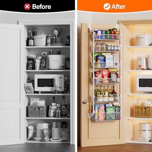 Image of Delamu Large Over the Door Pantry Organizer, 6-Tier Metal Pantry Door Organization and Storage for Easy Install, Hanging Spice Rack Seasoning Shelves for Cabinet & Kitchen, D6.7xW17.5xH53.7 in, White