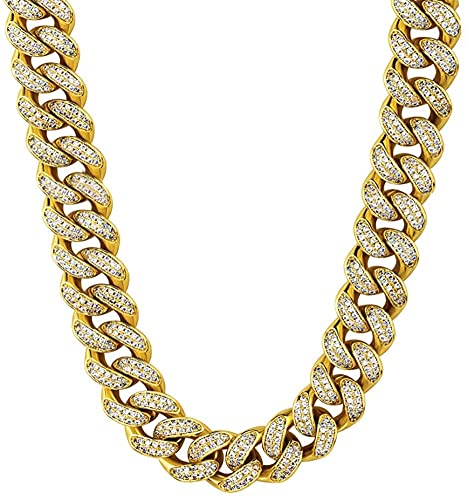 Apzzic 12mm Miami Cuban Link Chain for Mens Heavy Polished Stainless Steel Curb Necklace Iced Out Link Chain with cz Diamond Chain Choker with Giftbox Gold 20inch