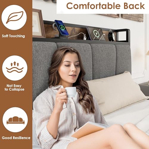 Image of GAOMON Twin Size Bed Frame with 2 Storage Drawers and Charging Station, Rustic Linen Upholstered Platform Bedframe with Storage Headboard, Heavy Duty, No Box Spring Needed, Easy Assembly, Noise Free