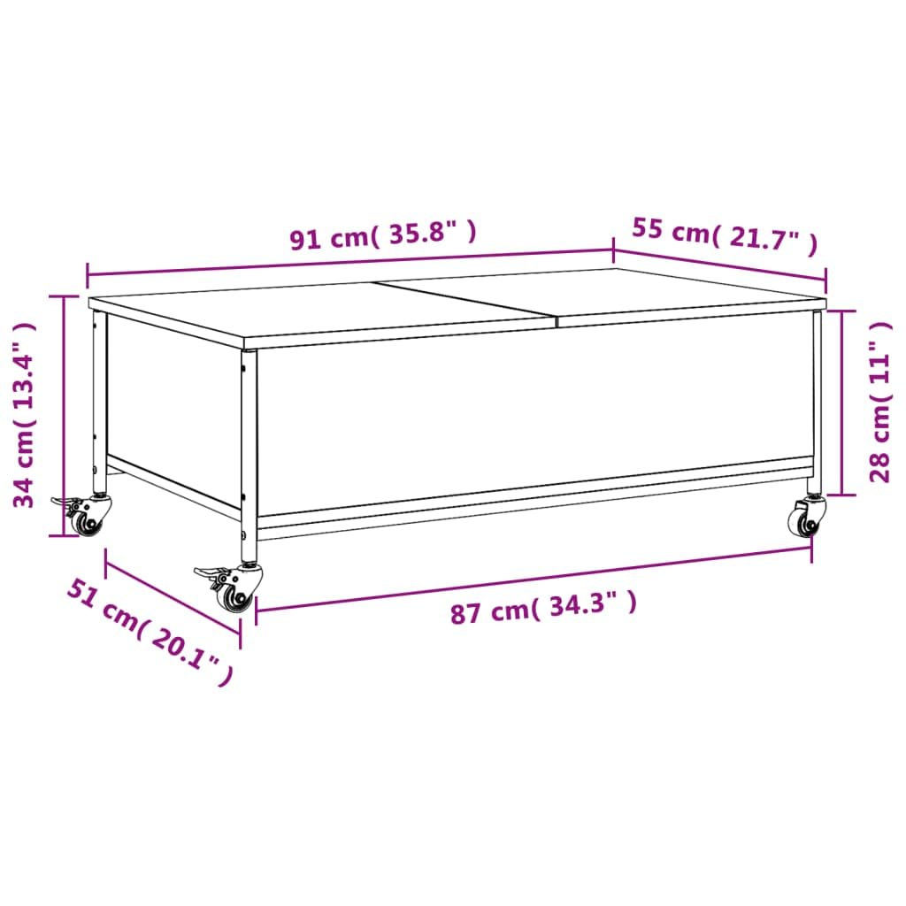 Tavolino da salotto con ruote, grigio sonoma, 91 x 55 x 34 cm, in legno, mobile per soggiorno, con spazio e ruote bloccabili, per soggiorno, ufficio o decorazione