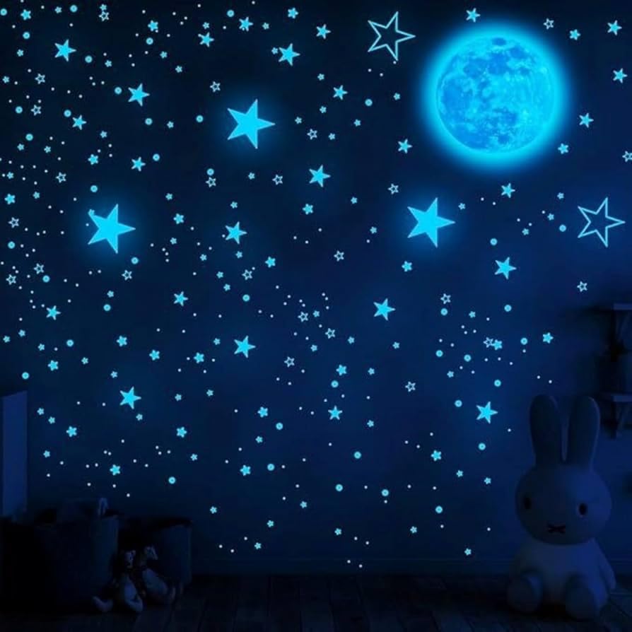 Glow in The Dark Stars & Moon Wall Stickers for Kids Room – Radium Adhesive Decals for Bedroom Ceiling, Nursery Wall Decor – Luminous Night Sky Stickers for Home Decoration (Stars + Moon Set)