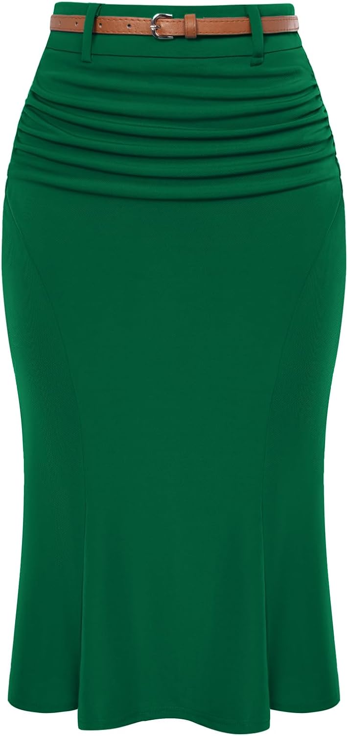 Belle Poque Women's Bodycon Pencil Skirt with Belt Knee Length 1950s Vintage Work Business Skirts X-Large Dark Green