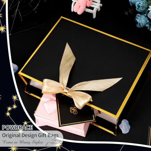Image of Powbrace 13 inch Medium Black Gift Bag Set with Handle - 2 Bags Featuring Bows, 4 Tissues, and 2 Greeting Cards for Wedding, Baby Shower, Father's Day, Mother's Day, Birthday Party