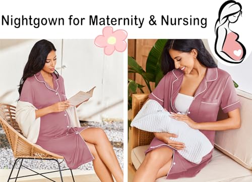 Image of Ekouaer Nightgowns for Women Button Down Sleepshirt Short Sleeve Nightshirt Boyfriend Pajamas V Neck Nightdress S-XXXL