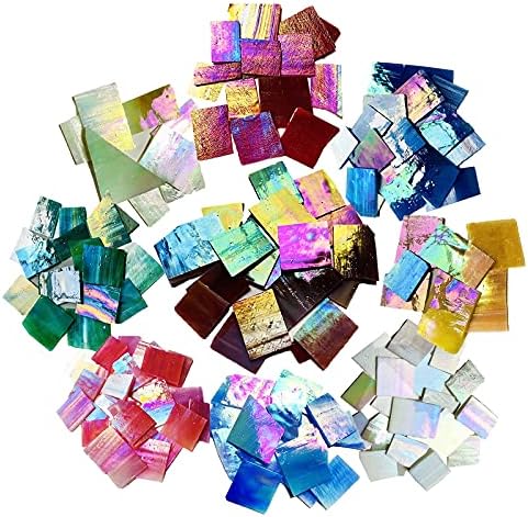 PALJOLLY Iridescent Mosaic Glass Pieces Stained Glass Sheet Scraps for Crafts, Mosaic Tiles Supplies Kit, Variety of Rainbow Iridized Colors and Shapes, 35oz Value Pack