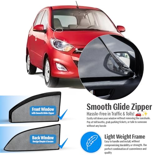 Image of Autofact Magnetic Car Sunshades Compatible with Hyundai i10 Old (2007 to 2017) (Set of 4) - Easy Installation, UV Protection, Keeps Car Cool (Front 2 with Zippers, Rear 2 Without Zippers)