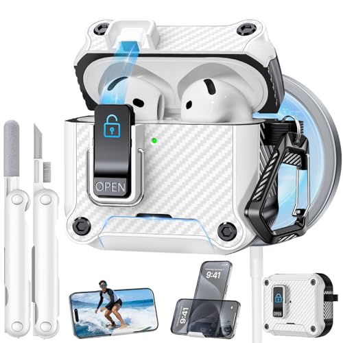 Image of Dual Safety Lock for AirPods 4 Case 2024, Compatible with MagSafe - Designed with Automatic Switch and Phone Stand, Includes a Cleaner & Keychain - Rugged Tough Hard Shell for Apple AirPods 4