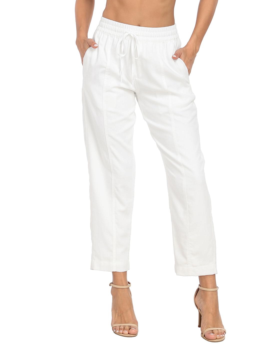 HDE Womens Linen Blend Pull On Pants Summer Drawstring Ankle Pant with Pockets