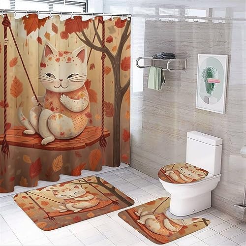 4 Pcs Shower Curtain Sets Non-Slip Rugs and Toilet Mat Lid Rug Accessories Cat on Swing with Autumn Leaves Waterproof Durable Bathroom Decor Shower Thanksgiving Autumn Halloween for Bathtub Decor
