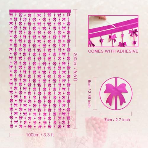 Image of Menstarsi Bow Foil Fringe Curtains, Hot Pink Bow Birthday Backdrop, 2 Pack | Bow Party Decorations, Hot Pink Birthday Party Supplies Bow Photo Booth Props Backdrop for Girls Bachelorette Party Decor