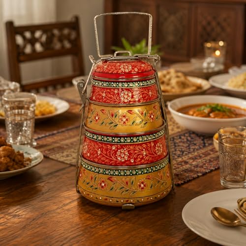Image of iHandikart Handpainted Decorative Lunch Box Tiffin | Multiple Tier Stainless Steel Food Box | Designer Indian Print Tiffin for School | Diwali Gift, Navratri Gift (Color - Multicolor)