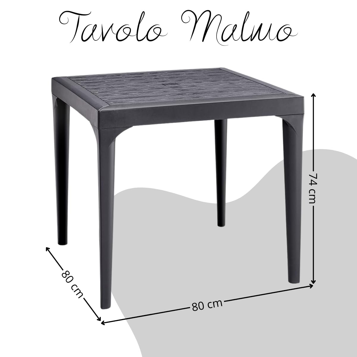 Tomaino - Tavolo da giardino in plastica, quadrato per esterno, effetto legno, 4 posti, balcone, bar, ristorante- 80x80x74h cm (Nero)