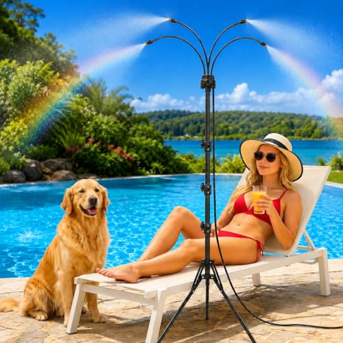 Upgraded Standing Misters for Outside Patio 6FT Height Adjustable Outdoor Misting System Portable Cooling Mister with Tripod Brass Nozzles & 26FT Hose Sprinkler for Tanning Backyard Garden Pets