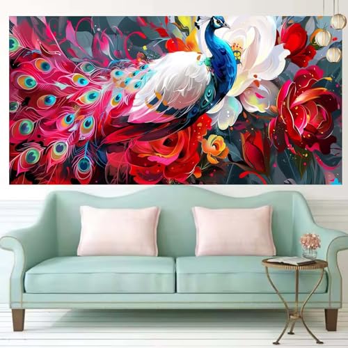 Tableau perle diamant paon géant pour habiller un grand mur de salon