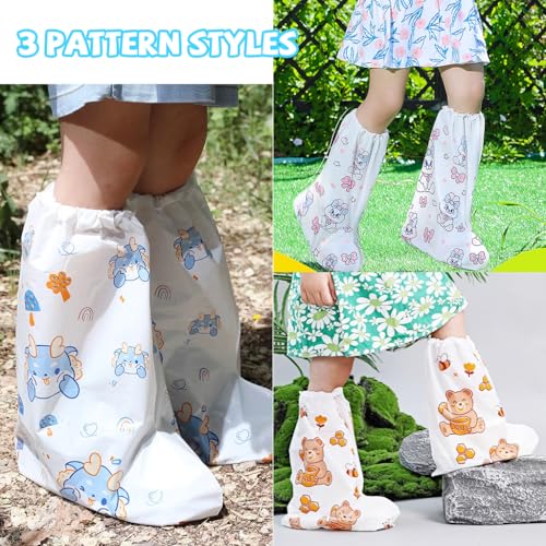 Image of PALAY Rain Shoe Covers for Kids, 3 Pairs Slip-On Shoe Covers with Elastic Collar, Knee-Length, Fashion Cartoon Wear-Resistant, for Kids 5-12 Years Old