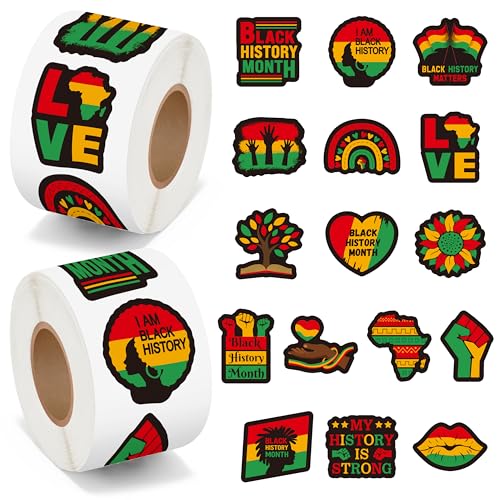 BeYumi Black History Month Sticker - 1000Pcs Black History Month Stickers in 2 Rolls Waterproof Vinyl Kwanzaa Juneteenth African American Celebration Decals Party Laptop Bottle Scrapbooking Decoration