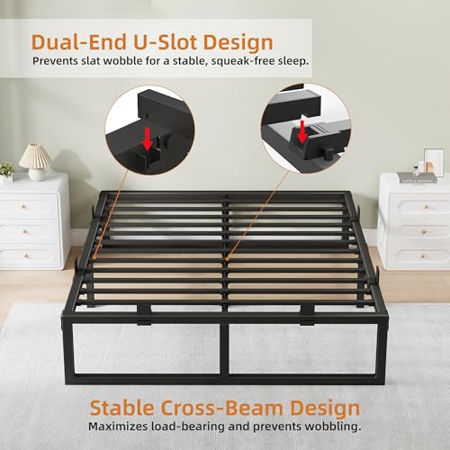 Image of 14 Inch Metal Queen Bed Frame with Steel Support, Noise-Free