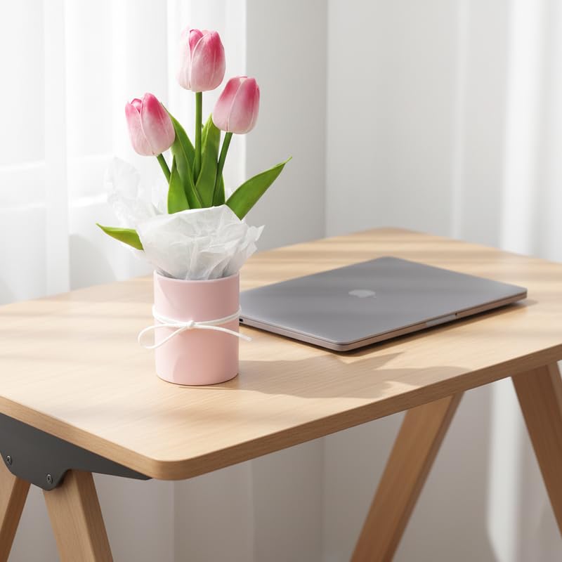 Image of Artificial Tulip Flowers with Vase for Home Decor | Real Look Pink Tulip Bouquet | Table Centerpiece, Living Room, Office Desk Decoration | Gift for Birthday, Anniversary, Housewarming