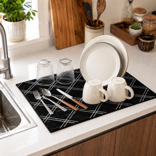 Image of Cutting EDGE Microfiber Dish Drying Mat - Water Absorbent & Reversible for Kitchen Utensils, Counter Top, Sink (Pack of 2, 50CM X 38CM - Black)