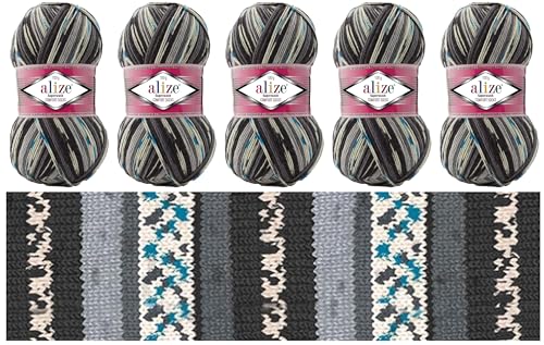 Alize Sock Yarn 5x100g Superwash Comfort Socks Wool 420 m Batik Self-Patterning Multicolour Yarn for Knitting and Crochet Sweater Vest Cardigan Blouse Scarve Hat Beanie Bootie Mitten Beret (7650)
