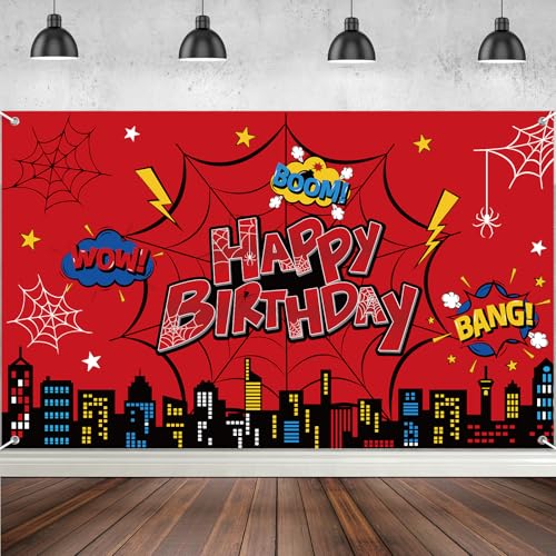 Red Spider Happy Birthday Banner Backdrop Decorations Red Spider Wed Photo Banner Background Cartoon Wall Dcor for Boys Birthday Party Photography Decorations 73 x 43 Inch
