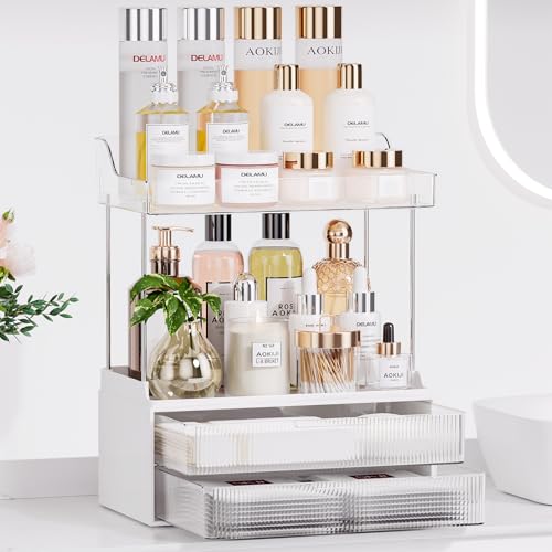 TidyStash Bathroom Counter Organizer, 2-Tier 2-Drawer Makeup Organizer Countertop, Easy to Install, Ideal for Bathroom Storage, Vanity, Perfume, Large Skincare Items, Present, and More, Clear