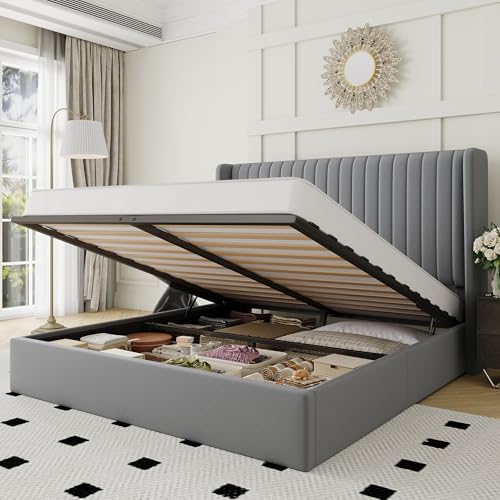 Image of Allewie Queen Size Lift Up Storage Bed Frame Channel Tufted Headboard Grey