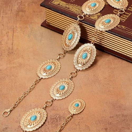 Image of WHIPPY Western Metal Concho Belt for Women Vintage Cowgirl Boho Turquoise Chain Belts for Dresses Jeans