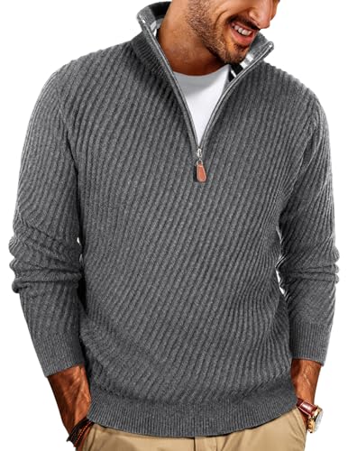 Mens 1/4 Zip Pullover Sweater Soft Knit Sweater Twill Texture Sweaters for Winter Grey