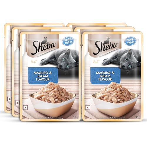 Image of Sheba Rich Premium Adult (1+ Years) Wet Cat Food, Maguro & Bream Flavour, 35 g Pouch, High-Moisture Wet Food for Healthy Hydration (Pack of 6)
