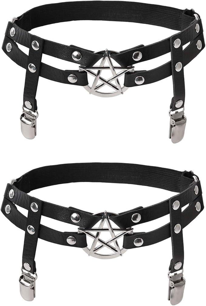 Zac's Alter Ego Set of 2 Black Elasticated Pentagram & Studs PU Leg Garters with Clip on Braces
