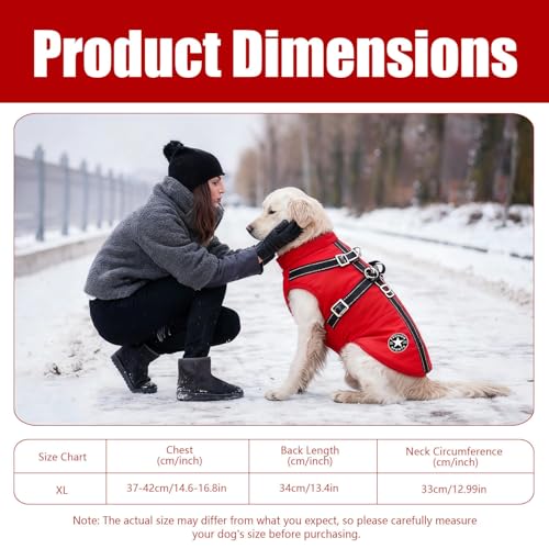 Hundejacke Winterweste Jacken, Hundejacke mit Geschirr, Hundemantel Wasserdicht, Warmer Hunde Wintermantel, Hunde Winterweste gefüttert, Maschinen Waschbarer, Wasserdicht (XL, Rot)