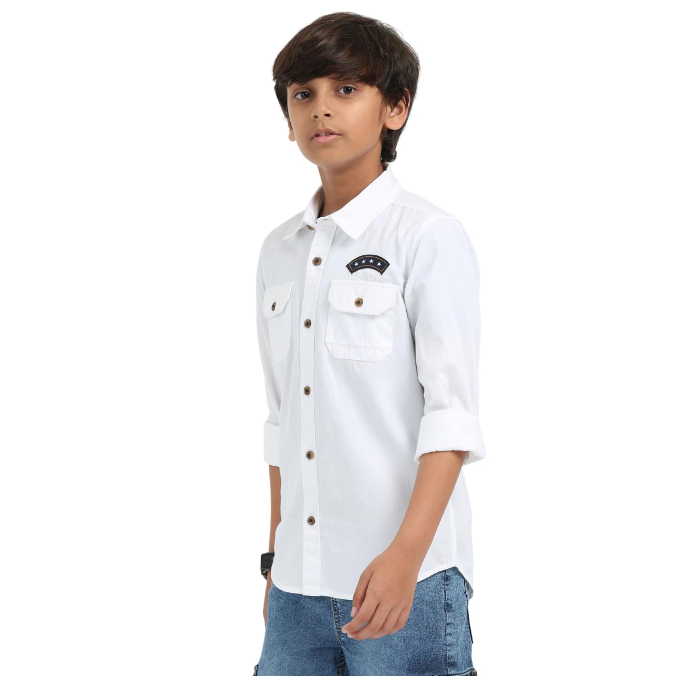 Rocket Science Boys Casual Wear Double Pocket Shirt | Regular Fit, Spread Collar, Full Sleeves, 100% Cotton Twill Fabric White 1