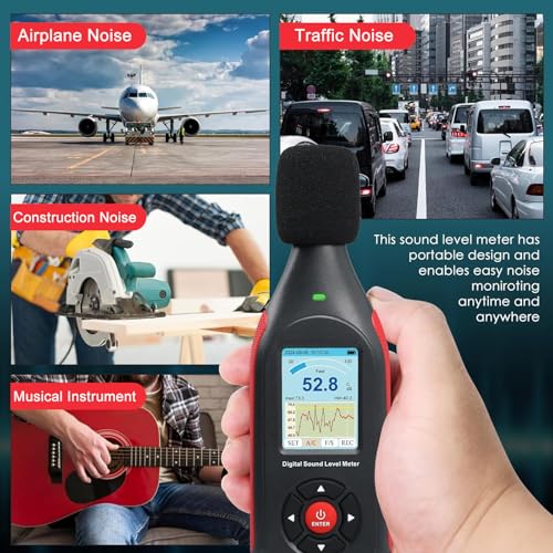 Schallpegelmessgerät Dezibelmesser mit Datenlogger, 43.000 Datensätzen, A/C-Frequenzbewertung, Echtzeit-Sampling, USB/PC-Anschluss, Wiederaufladbar mit Alarm für präzise Geräuschmessung