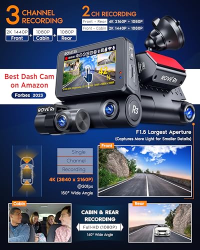 undefined ROVE R3 Dash Cam Front and Rear with Cabin, 3” IPS Touch Screen, 3 Channel Dash Cam 1440P+1080P+1080P, IR Night Vision, 5GHz WiFi, Up to 30MB/s Download Speed, Quad-Mode GPS, Supports 512GB Max の商品画像 2