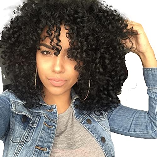DIGAO 14In Curly Afro Wig with Bangs Shoulder Length Wig Short Curly Wigs Curly Black Wig Afro Curly Hair Wigs Synthetic Heat Resistant Wig Curly Full Wigs for Black Women (Black)
