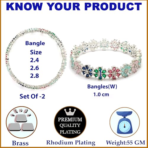 Image of ZENEME Rhodium Plated Silver Toned Floral Shaped American Diamond Studded Bangles Set Of 2 For Women & Girls