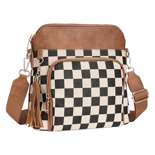 Checkered Crossbody Bag for Women Brown Checkered Purse with Leather Tassel Plaid Cross Body Bags Shoulder Handbags