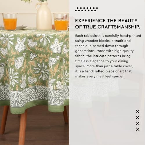 Image of Encasa XO Dining Table Cloth, Jaipuri Block Print Cotton Cover Sage Green