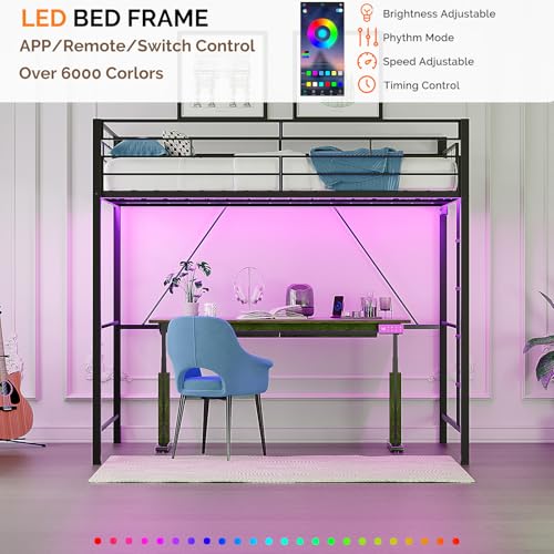 Image of VINGLI Loft Bed Twin Size with 15 Inches Safety Guardrail, Flat Rungs, LED Lights and Charging Station, Heavy Duty Metal Single High Sleeper for Small Space Saving, Kids room and Dorm Apartment, Black