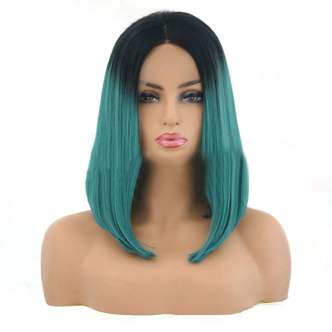 YIFOOPLI Wig Bobo Wave Head Inside Buckle Pear Head Green Short Straight Hair Front Lace Headgear Composite Hair Lace Wig Role-playing Wig ( Color : Green , Size : 14 inches )